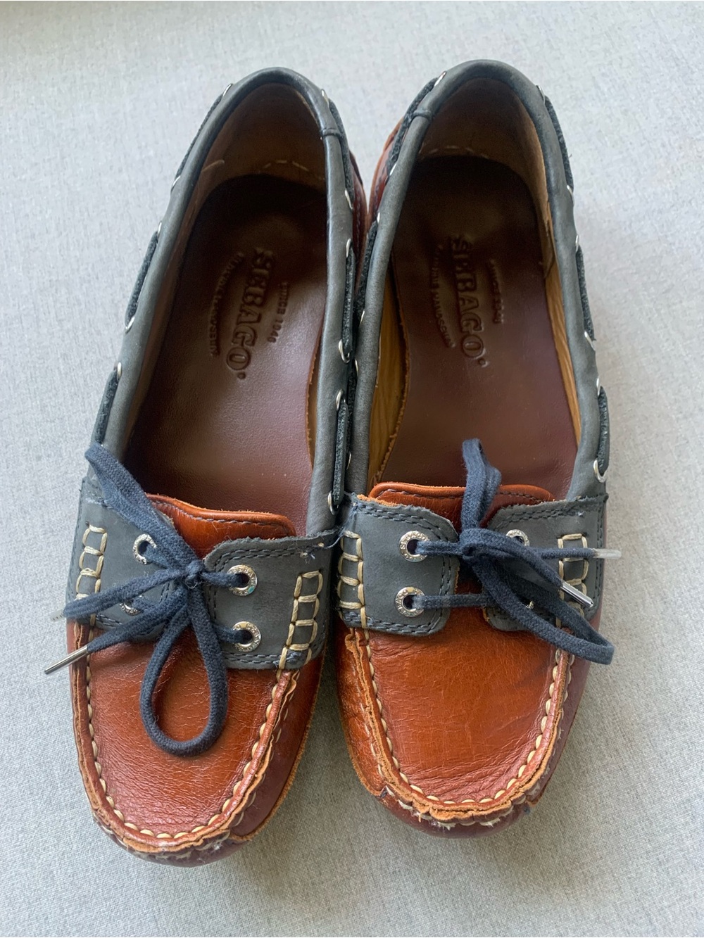 Sebago Two-Tone Brown and Gray Leather Boat Shoes - Women’s Flats